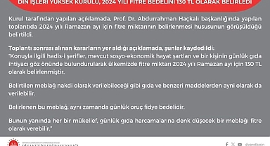 Din İşleri Yüksek Kurulu, 2024 yılı Fitre Bedelini Belirledi