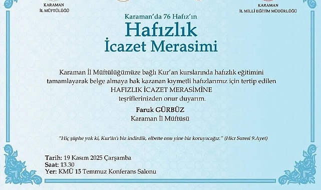 Karaman’da 76 Hafız İçin İcazet Merasimi Düzenleniyor