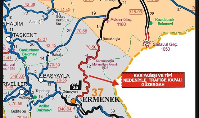 Ermenek-Bucakkışla Yolu Kar ve Tipi Nedeniyle Kapandı