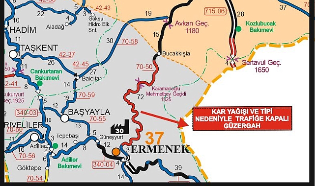 Ermenek–Bucakkışla Yolu Yoğun Tipi Nedeniyle Ulaşıma Kapatıldı