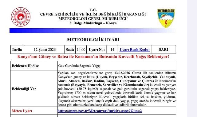 Karaman'ın Batısına Kuvvetli ve Gök Gürültülü Sağanak Uyarısı